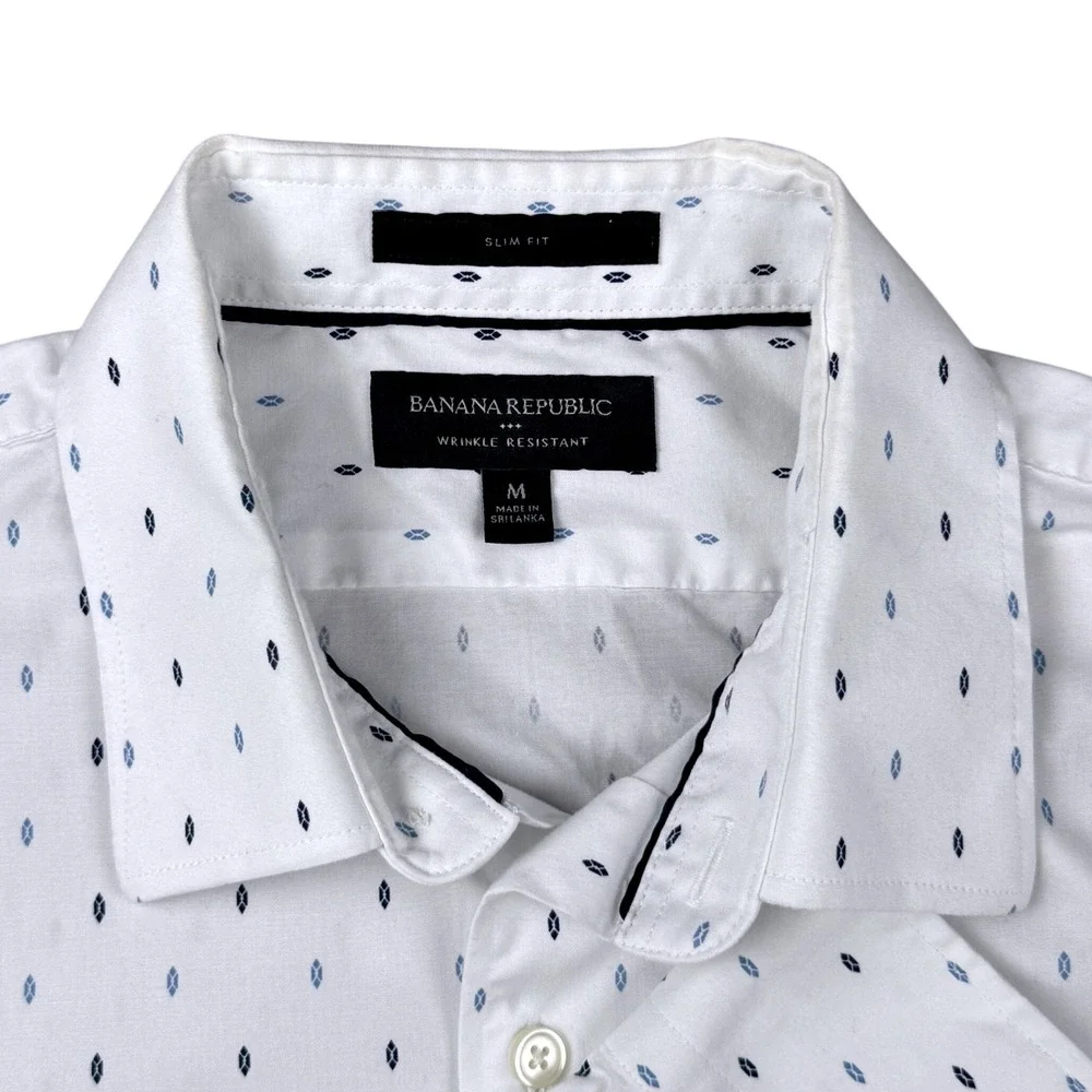 Banana Republic Mens Slim Fit Wrinkle Resistant White Geometric Diamond Shirt M